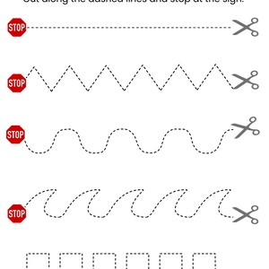 May include: A white worksheet with the title "CUTTING PRACTICE" and instructions to cut along dashed lines. The sheet shows different cutting paths: straight, zigzag, wavy, and square, each starting with a red "STOP" sign and ending with scissors.