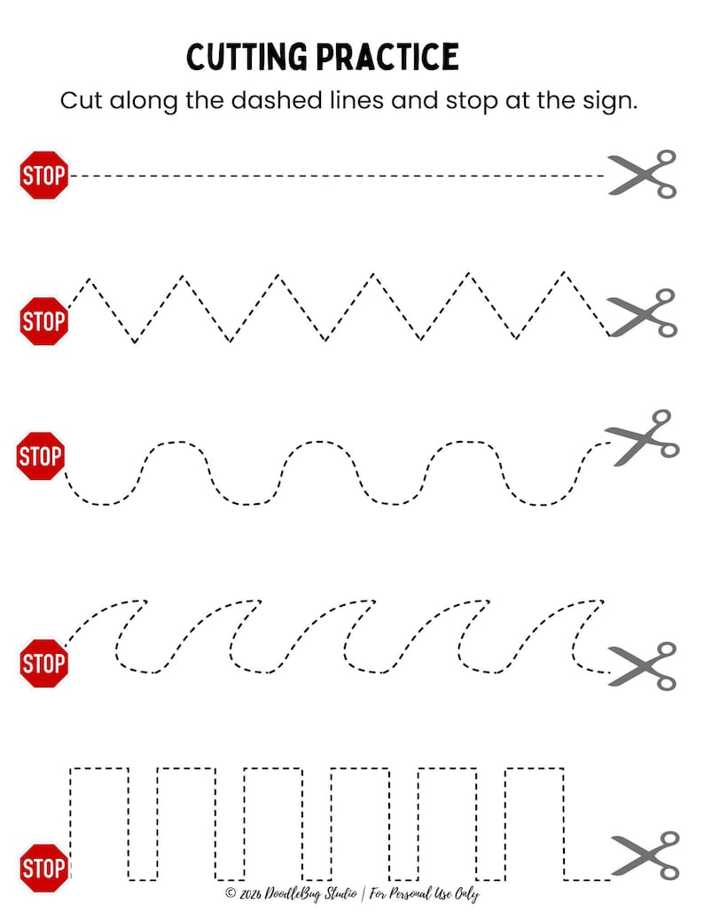 May include: A white worksheet with the title "CUTTING PRACTICE" and instructions to cut along dashed lines. The sheet shows different cutting paths: straight, zigzag, wavy, and square, each starting with a red "STOP" sign and ending with scissors.