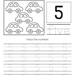 May include: Black and white educational worksheet featuring the number five. The worksheet includes a section to count five car illustrations, trace the number 5, and trace the word "five".