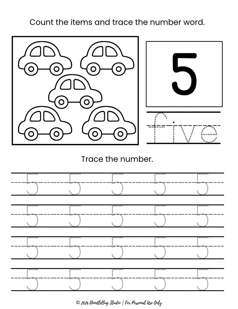 May include: Black and white educational worksheet featuring the number five. The worksheet includes a section to count five car illustrations, trace the number 5, and trace the word "five".
