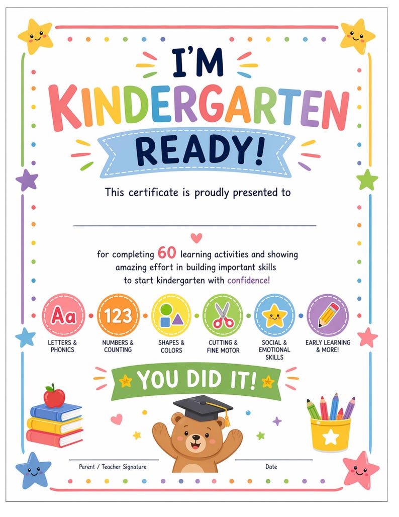 May include: A bright kindergarten certificate with the text "I'M KINDERGARTEN READY!" and "YOU DID IT!" A cartoon bear in a graduation cap is featured. Includes icons for letters, numbers, shapes, cutting, social skills, and early learning.