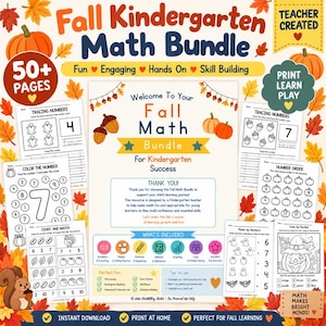 May include: A Fall Kindergarten Math Bundle educational resource featuring over 50 pages of worksheets with autumn-themed graphics like pumpkins, acorns, and leaves. The collection includes tracing, counting, colouring, and sequencing activities.