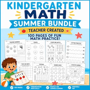Può includere: Un pacchetto di fogli di lavoro di matematica per la scuola materna con il titolo "Kindergarten Math Summer Bundle". L'immagine include attività come tracciare numeri, forme, contare e colorare. Il pacchetto, creato da un insegnante, include 100 pagine.