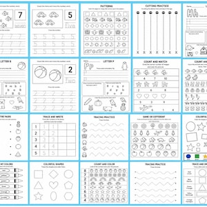 May include: A black and white educational worksheet for children. The worksheet includes tracing, counting, matching, and colour identification activities. The pages feature numbers, letters, shapes, and patterns, designed for early learning and skill development.