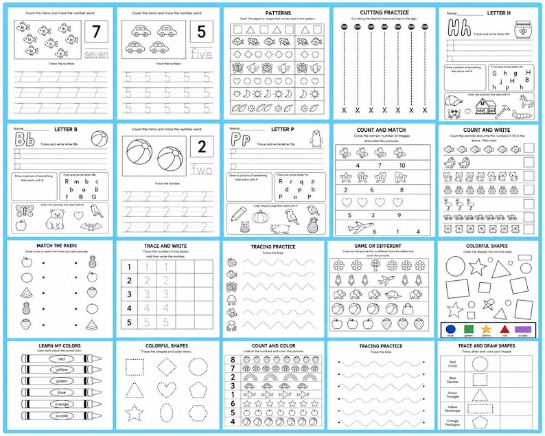 May include: A black and white educational worksheet for children. The worksheet includes tracing, counting, matching, and colour identification activities. The pages feature numbers, letters, shapes, and patterns, designed for early learning and skill development.