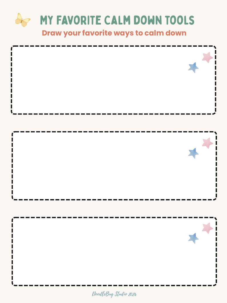 Puede incluir: Una hoja de trabajo imprimible con el texto "MY FAVORITE CALM DOWN TOOLS" y "Draw your favorite ways to calm down." La hoja de trabajo tiene tres cuadros en blanco con decoraciones de estrellas. Un gr&aacute;fico de mariposa amarilla est&aacute; en la esquina superior izquierda.