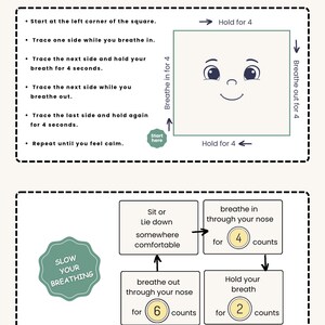 Puede incluir: Una tarjeta imprimible con instrucciones para ejercicios de respiraci&oacute;n. La tarjeta presenta un cuadrado con una cara e instrucciones para trazar los lados mientras respira. Se incluyen instrucciones adicionales para t&eacute;cnicas de respiraci&oacute;n lenta. El texto dice "Cut and Use Calm Down Cards".
