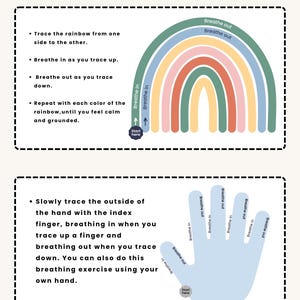 Puede incluir: Una tarjeta imprimible con ejercicios de respiraci&oacute;n. La tarjeta presenta un diagrama de arco&iacute;ris con instrucciones para trazar cada color mientras se inhala y se exhala. Un diagrama de la mano muestra c&oacute;mo trazar los dedos para ejercicios de respiraci&oacute;n. El texto incluye "Cut and Use Calm Down Cards".