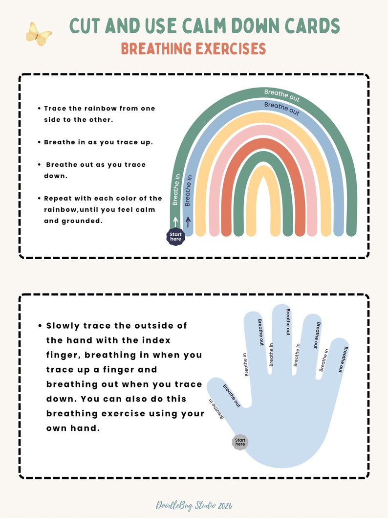 Puede incluir: Una tarjeta imprimible con ejercicios de respiraci&oacute;n. La tarjeta presenta un diagrama de arco&iacute;ris con instrucciones para trazar cada color mientras se inhala y se exhala. Un diagrama de la mano muestra c&oacute;mo trazar los dedos para ejercicios de respiraci&oacute;n. El texto incluye "Cut and Use Calm Down Cards".