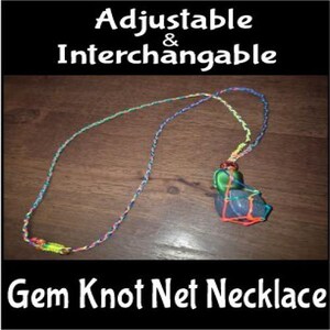 May include: Adjustable and interchangeable gem knot net necklace. The necklace features a multicolored braided cord with a gemstone held in a net. The text "Adjustable & Interchangeable" and "Gem Knot Net Necklace" are displayed.