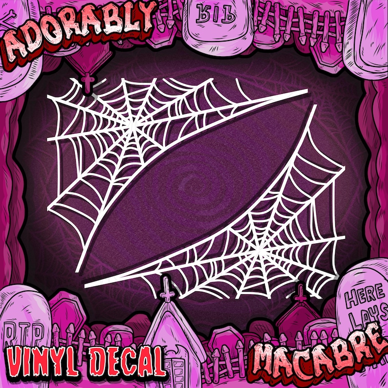 May include: Two white spiderweb vinyl decals on a dark purple background. The word "ADORABLY" is at the top, and "VINYL DECAL" and "MACABRE" are at the bottom. The background features a graveyard theme with tombstones and a church.