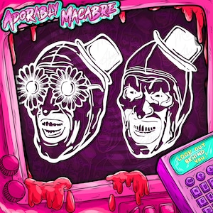 Puede incluir: Ilustración digital con dos caras estilizadas con bombín. Una cara tiene gafas de margarita. La imagen tiene un fondo morado con el texto "ADORABLY MACABRE" y una calculadora que dice "LOOK OUT BEHIND YOU!"