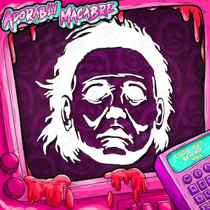 Puede incluir: Gráfico rosa y morado con una ilustración blanca de una cara con los ojos cerrados. El texto "ADORABLY MACABRE" está en la parte superior. Una calculadora con el texto "LOOK OUT BEHIND YOU!" está en la esquina inferior derecha.