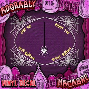 May include: A purple vinyl decal with a Halloween theme. The design includes spiderwebs, a hanging spider, and graveyard elements. Text includes "ADORABLY", "VINYL DECAL", and "MACABRE".