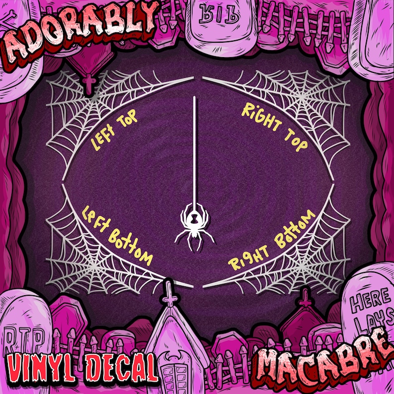 May include: A purple vinyl decal with a Halloween theme. The design includes spiderwebs, a hanging spider, and graveyard elements. Text includes "ADORABLY", "VINYL DECAL", and "MACABRE".