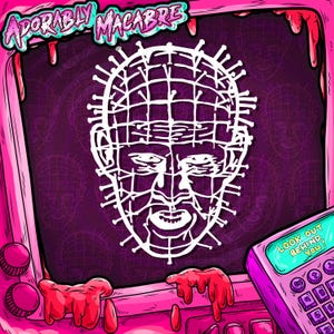 May include: A pink and purple illustration featuring a white graphic of a face with a grid-like pattern. The text "ADORABLY MACABRE" is at the top. A calculator with the text "LOOK OUT BEHIND YOU!" is in the bottom right.