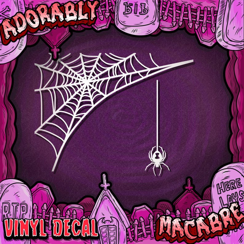 May include: White vinyl decal featuring a spider web and a hanging spider against a purple background. The words "Adorably Macabre" and "Vinyl Decal" are displayed in a spooky font, with a graveyard theme.