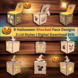 Könnte beinhalten: Neun Holzboxen zum Thema Halloween mit geschnitzten Schockgesichtsdesigns und drei Deckelstilen. Die Boxen sind von innen beleuchtet und zeigen die geschnitzten Gesichter. Das Bild enthält auch einen geschnitzten Kürbis und den Text "9 Halloween Shocked Face Designs 3 Lid Styles | Digital Download SVG."