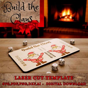 Könnte beinhalten: Eine Holz-Laserschnittvorlage mit dem Text "Build the Claus" und Santa Claus-Illustrationen. Das Bild enthält Würfel und eine rote Schleife. Der untere Teil des Bildes enthält den Text "LASER CUT TEMPLATE" und Dateitypoptionen.