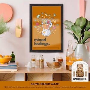 Funny Kitchen Gift – Mixed Feelings Poster – Printable Bar Cart Wall Art – Fruit Blender Print – Quirky Digital Download