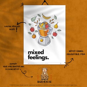 Funny Kitchen Gift – Mixed Feelings Poster – Printable Bar Cart Wall Art – Fruit Blender Print – Quirky Digital Download
