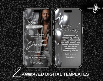 Editable 35th Birthday Invitation, Birthday Dinner, Digital Download, Canva Template, Silver Birthday Invite, Birthday Invitation Template