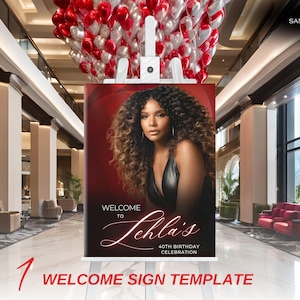 Red Birthday Welcome Sign, Editable Canva Template (Digital Download)