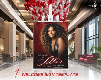 Editable Red Birthday Welcome Sign, Birthday Dinner, DIY Welcome Sign,  Canva Template, Red Birthday Sign, PartySign, Printable Sign