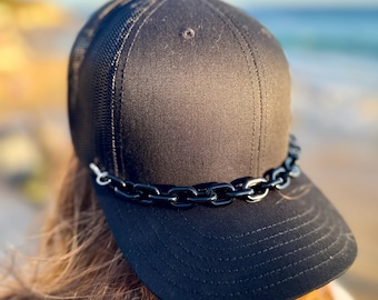 Trucker Hat Chains – Removable Hat Chain Accessory for Custom Trucker Caps, Silver & Black Chunky Chains, Edgy Hat Jewelry