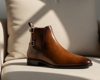Men’s Brown Leather Double Monk Strap Ankle Boots – Handmade Dress Boots
