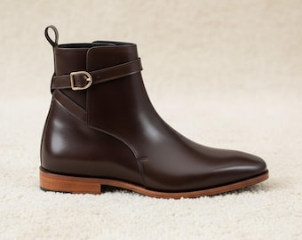 Men’s Leather Ankle Boots – Handmade Formal Dress Boots with Strap & Buckle