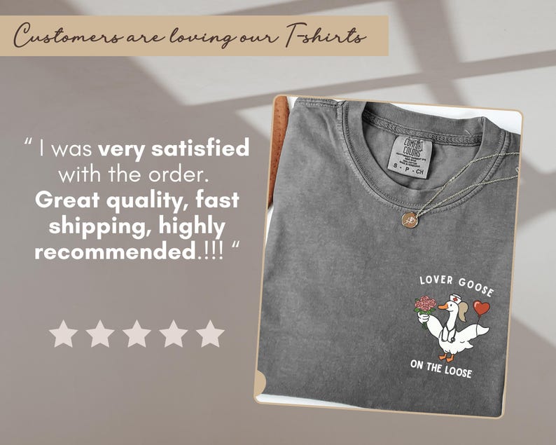 Pu&ograve; includere: T-shirt grigio scuro con girocollo e la scritta "LOVER GOOSE ON THE LOOSE". La maglietta presenta un'oca dei cartoni animati che tiene fiori e un cuore. Una collana d'argento con un ciondolo &egrave; sulla maglietta.