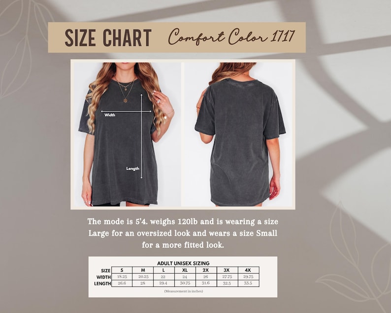 Pu&ograve; includere: Tabella delle taglie per t-shirt Comfort Color 1717. La tabella mostra le misure per taglie unisex adulto dalla S alla 4XL. La modella &egrave; alta 1,63 m e pesa 54 kg, indossa una L per un look oversize e una S per una vestibilit&agrave; pi&ugrave; aderente. Le misure di larghezza variano da 48,9 cm a 75,6 cm, e la lunghezza da 67,3 cm a 85,1 cm.