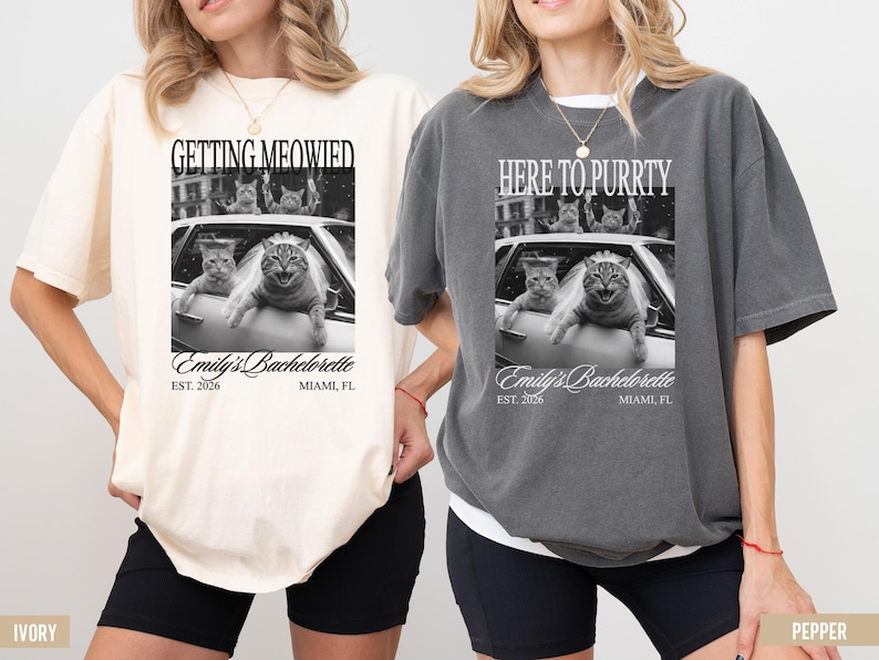 Oversized Comfort Colors bachelorette shirts featuring a black and white photo-style design of cats celebrating in a car with playful party text, vintage aesthetic, relaxed fit, ideal for bridal party trips and group celebrations.