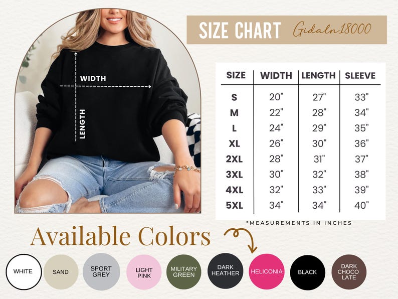 Pu&ograve; includere: Felpa nera con tabella taglie e colori disponibili. La tabella taglie mostra le misure in pollici per larghezza, lunghezza e lunghezza manica. I colori disponibili includono bianco, sabbia, grigio sportivo, rosa chiaro, verde militare, heather scuro, eliconia, nero e cioccolato fondente.