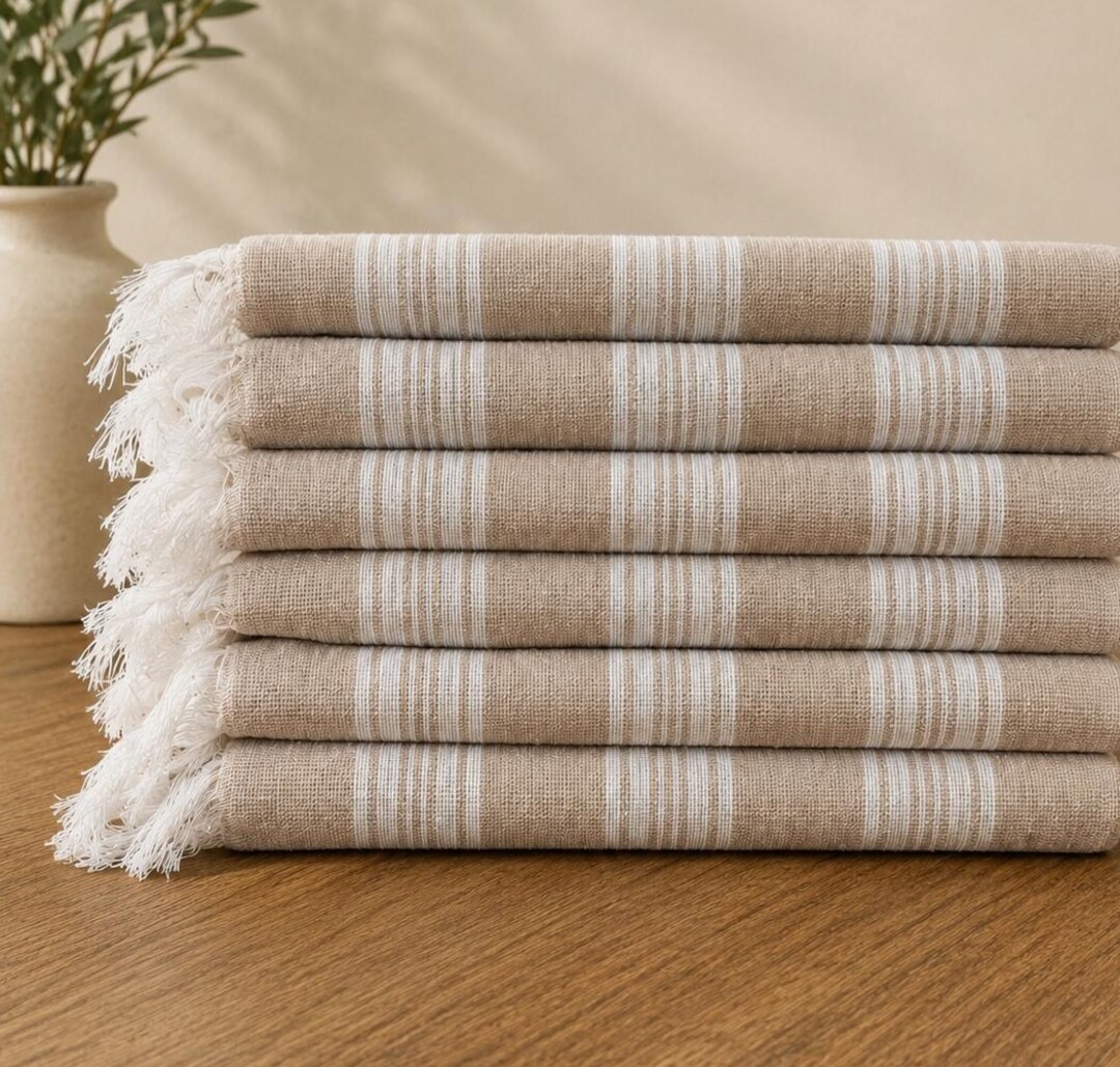 Beige Turkish Peshtemal Beach Towel - Neutral Striped Cotton Hammam Spa ...