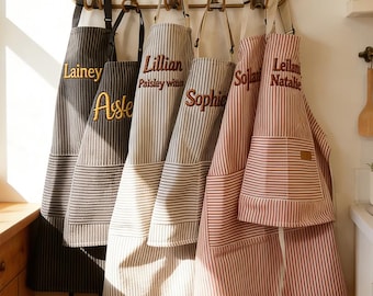 Custom Embroidered Striped Apron, Personalized Gift for Her