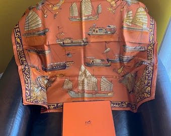 Vintage Hermès Silk Scarf 90 Jonques et Sampans Françoise de la Perrière