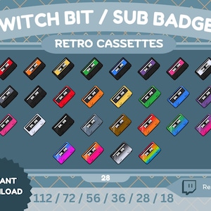 May include: A set of 28 Twitch bit and sub badges featuring retro cassette tapes in various colors. The badges are numbered 112, 72, 56, 36, 28, and 18. The text "Rea_Gun" is visible in the bottom right corner.