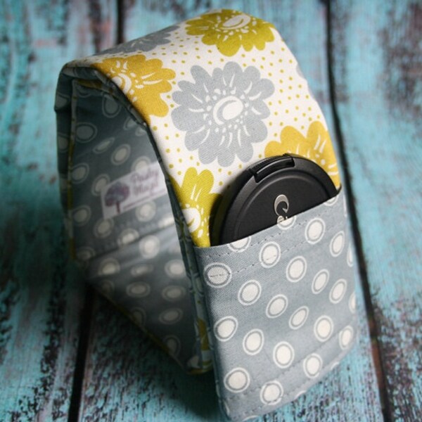 CLEARANCE Reversible Camera Strap Cover with Lens Cap Pocket - Yellow and Gray Flowers with Gray Dots- Made to Order