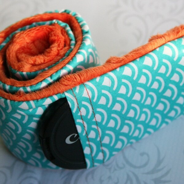 CLEARANCE Camera Strap Cover with Lens Cap Pocket - Padded Minky - Teal Graphic with Orange-Made to Order