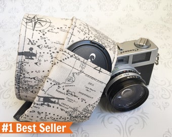 Camera Strap, DSLR Camera Strap, Lens Cap Pockets, Travel Photographer, Nikon or Canon Camera, Gift, Photographer Gift - Maps