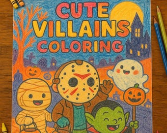かわいいハロウィンの悪役の塗り絵、60ページの印刷可能、不気味な季節のアクティビティ（デジタルダウンロードPDF）