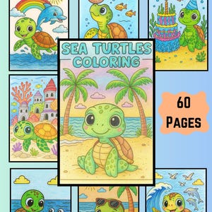 Sea Turtle Coloring Book for Kids & Toddlers – 60 Coloring Sheets with Turtles, Ocean Animal Friends, Easy Bold Lines – Digital Download PDF