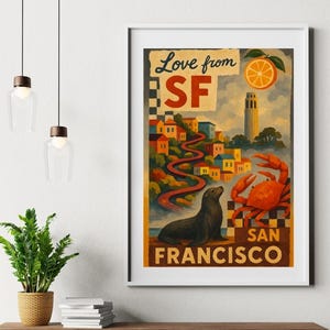 Retro San Francisco Travel Poster: Coit Tower, Lombard Street (Digital Download)