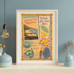 Vintage afdrukbare Hawaiiaanse muurkunst – retro strandposter met cabriolet, Maui-kaart, snorkel, fruit en tropenthema 'Wish You Were Here'