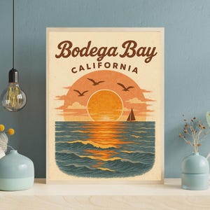 Bodega Bay, Californie, art mural imprimable, coucher de soleil rétro sur l'océan, téléchargement numérique, décoration de maison de plage côtière, Californie du Nord