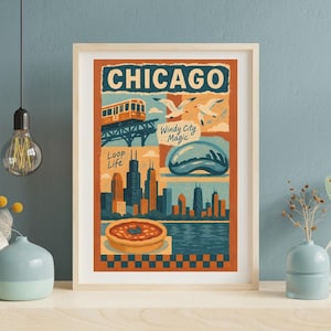 Arte mural imprimible vintage de Chicago: póster de viaje retro con The Bean, pizza de masa gruesa, horizonte y tren CTA en azul y naranja intensos.