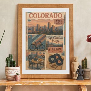 Art mural Colorado à imprimer - Poster de voyage rétro avec horizon de Denver, billet pour les Red Rocks, magasin de disques et scène de vélo dans des tons chauds