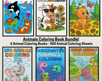 6 Animal Coloring Books Bundle: 350 Printable Pages for Kids (PDF Download)